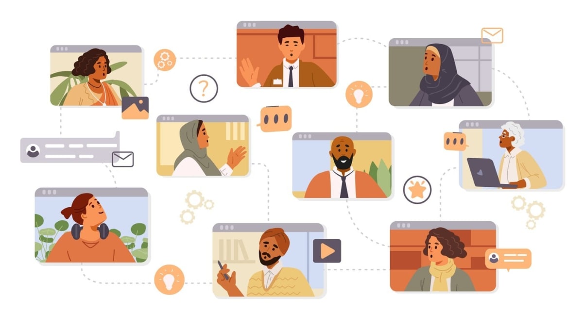 An illustration depicting a virtual team working together from different locations.