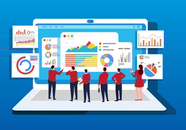 A group of businessmen study data in front of a computer stock illustration