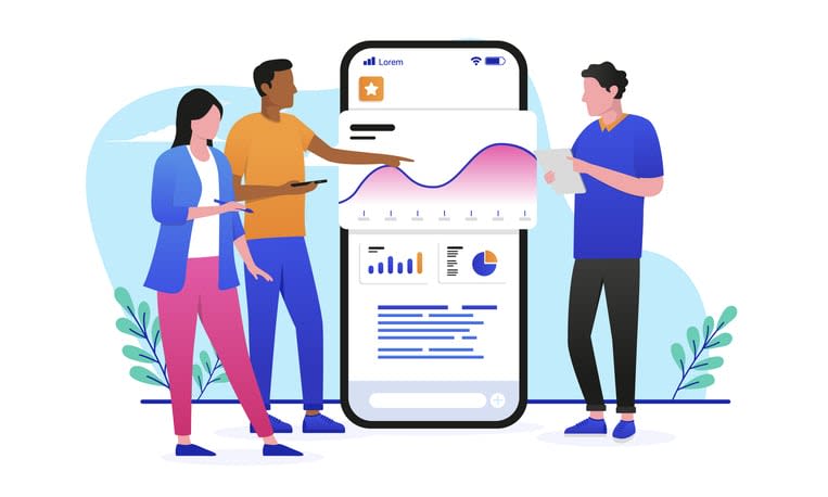 Business people looking at analytics data and discussing stock illustration