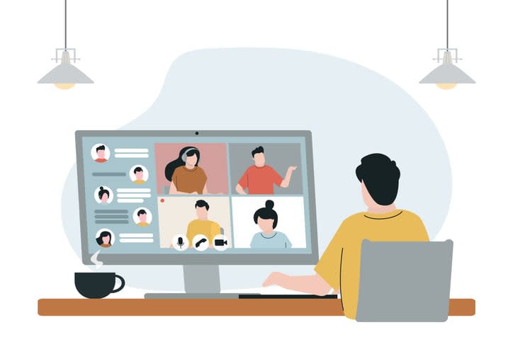 Cartoon man in front of computer video calling online