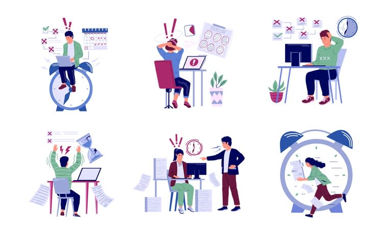 Cartoon men and women can t finish tasks by time