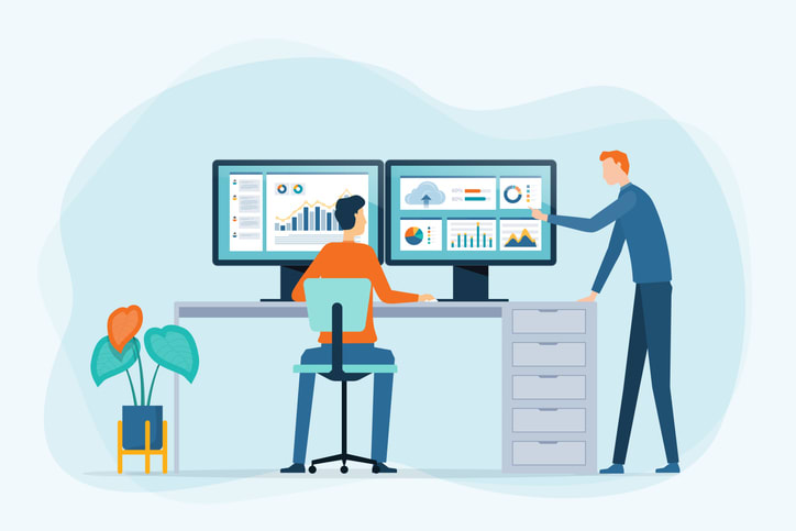 Data analysis concept with people team working on monitor