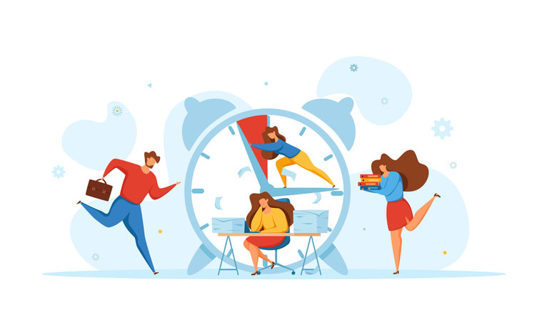 Deadline concept with office teamwork hurrying up in panic