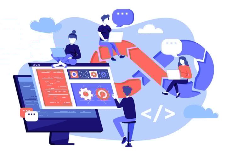 DevOps developers work with computers scene