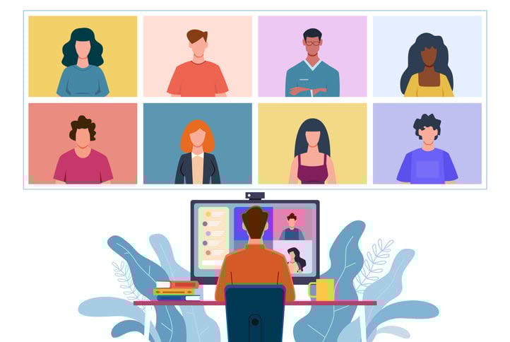 Discussion with friends, internet communication with colleagues group office teamwork vector flat concept stock illustration