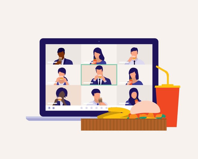 Diverse Group Of Employee Having Virtual Lunch Together
