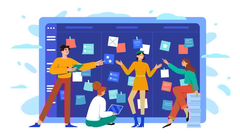 Flat business team at scrum board with sticky notes stock illustration