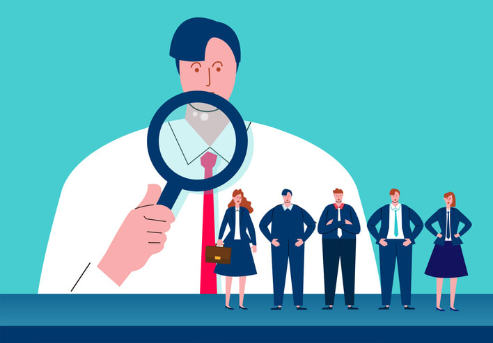 Giant is holding a magnifying glass to observe a group of small businessmen standing in front stock illustration