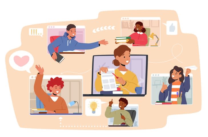 Girls And Boys Classmates Communicate In Virtual Class stock illustration