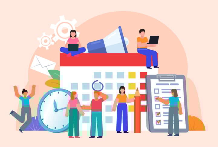 Group of people stand near big calendar