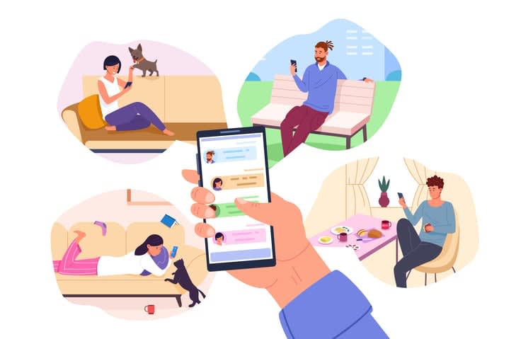 hand holding smartphone contact list on screen phone program people communication