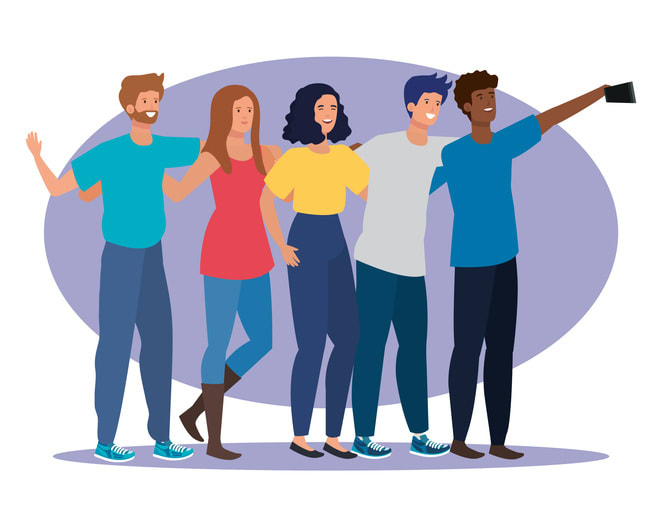 Happy girls and boys friends with smartphone selfie stock illustration