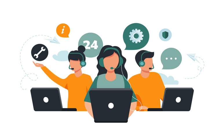 hotline operators consult customers with headsets on computers