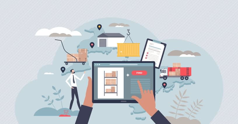 Inventory management with modern warehouse software tiny person concept stock illustration