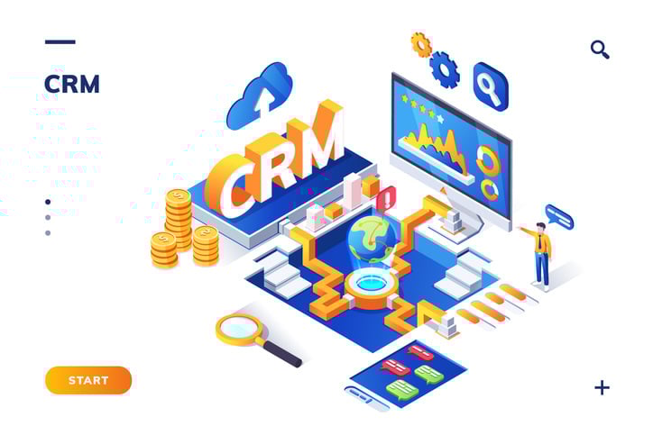 Isometric banner for crm or erp. Customer, client stock illustration
