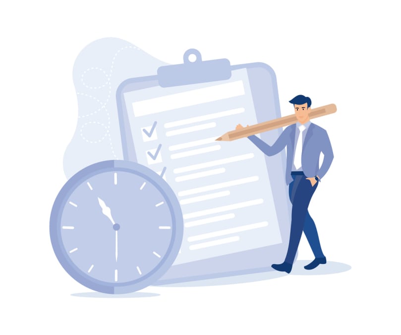 Illustration of a professional man holding a large pencil standing next to a giant clipboard with a checklist and a clock. The scene symbolizes time management, highlighting the importance of planning, prioritizing tasks, and staying organized to meet deadlines efficiently.