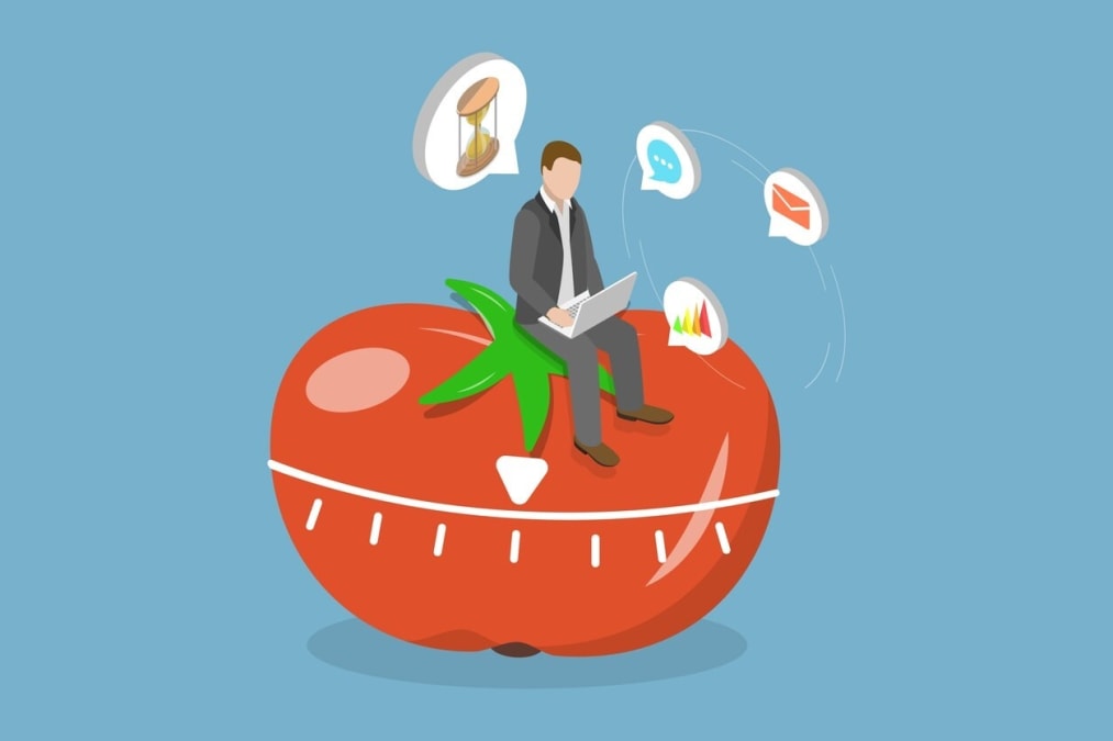 An illustration of the Pomodoro effect in action, showcasing a timer and focused work.