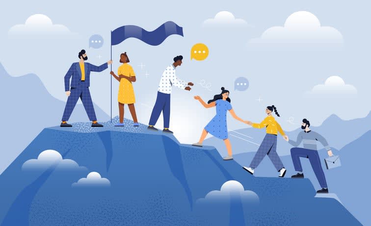 Male and female coworkers are helping each other to climb up the mountain together stock illustration