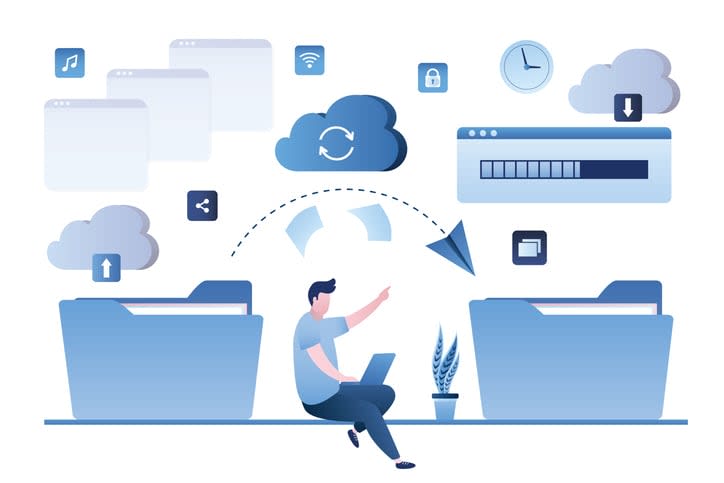 Male character with laptop organizes information in folders