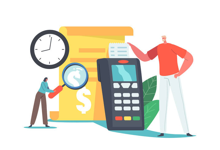 Man Buyer Character take Bill at Huge Pos Terminal in Supermarket