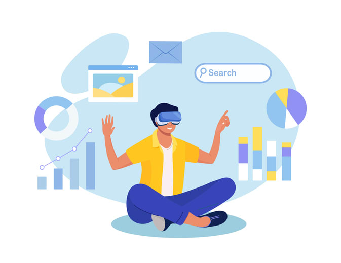 Man in VR Glasses and Headset Learning and Touching Elements of Simulation