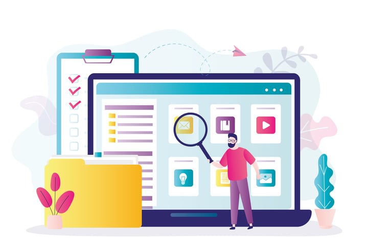 Man with magnifying glass looking for document in catalog from folders stock illustration