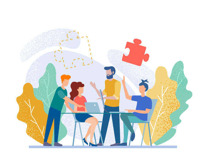 Men and women sitting at desk and standing