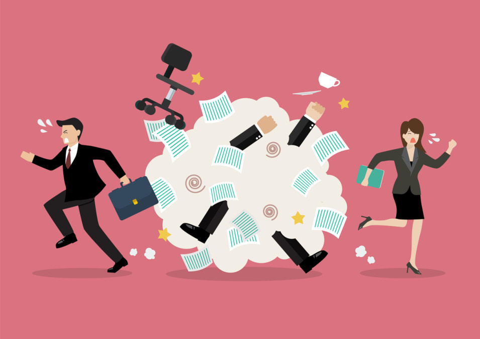 Office workers scuffling at work stock illustration