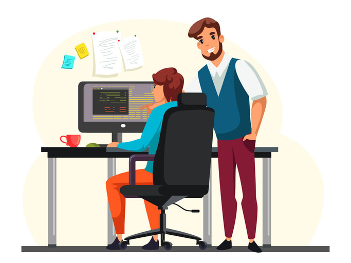 Programmer at computer and boss chief in office