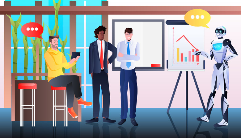 Robots with businesspeople analyzing financial statistics data on flip chart artificial intelligence technology concept stock illustration