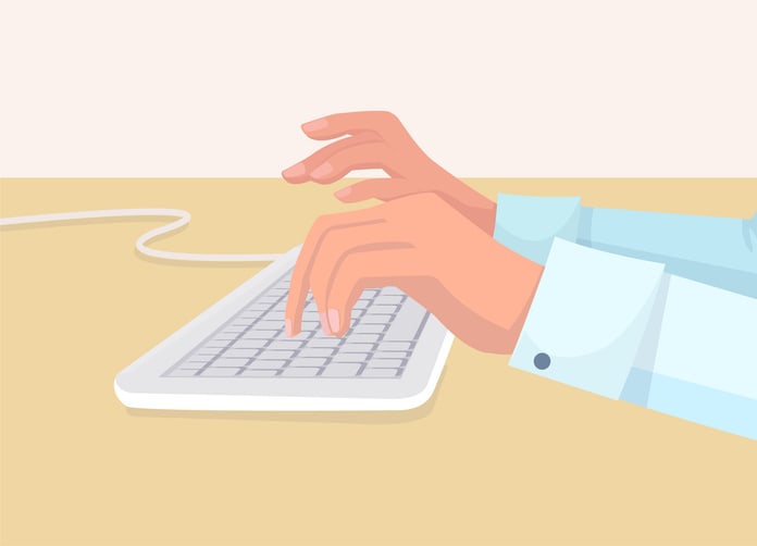 Secretarys Hands Types on White Coputer Keyboard stock illustration