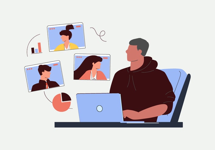 Set of scenes with office employees or workers discussing project with director on remote video conference