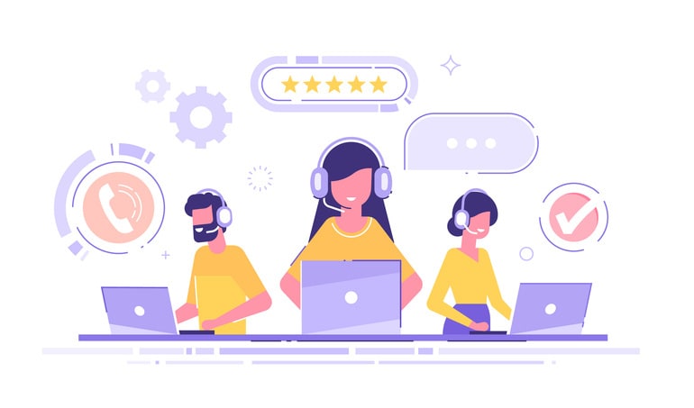 Smiling office operators with headsets characters