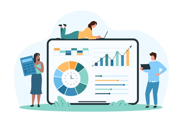 statistics in mobile app for tiny people stock illustration