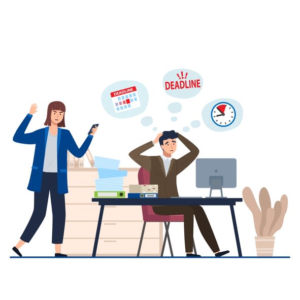 Stressed employees working overtime and angry boss