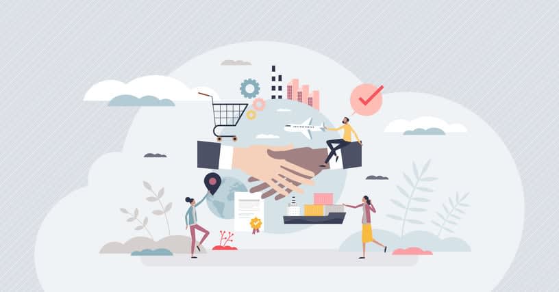 Supply chain management with logistics process planning tiny person concept stock illustration