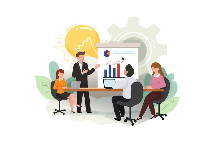 Team meeting brainstorming ideas conducting business presentation stock illustration