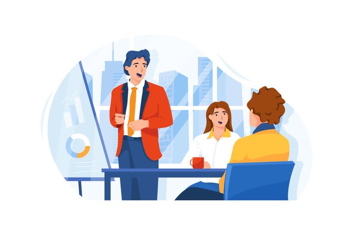 The businessman is giving a presentation about his project