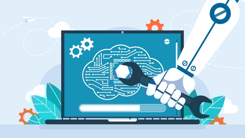 The robot holds in a hand a wrench and repairs the circuit on the laptop screen