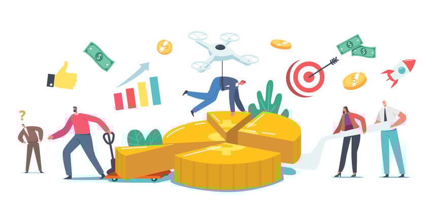 Tiny Businessmen or Businesswomen Characters Stand at Huge Pie Chart Showing Partners Money Shares stock illustration