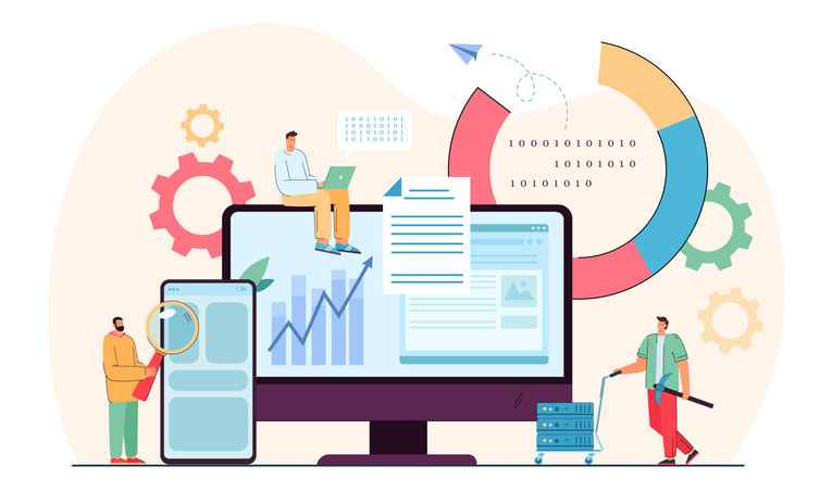 Tiny programmers in analysis process of data stock illustration