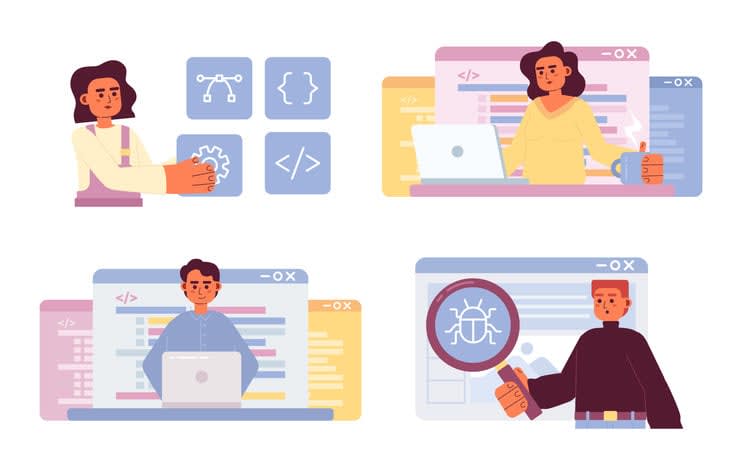 Web development process flat concept vector spot illustration pack stock illustration