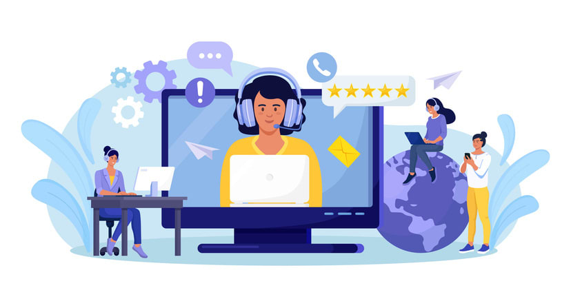 Woman with headphones and microphone talking with clients on computer screen