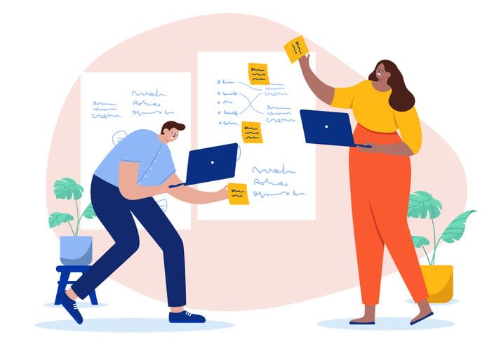 Workshop work with sticky notes on white board stock illustration