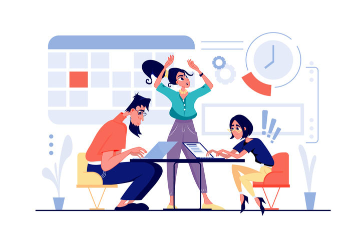 Worried and tired employees working at laptops, rush to complete tasks