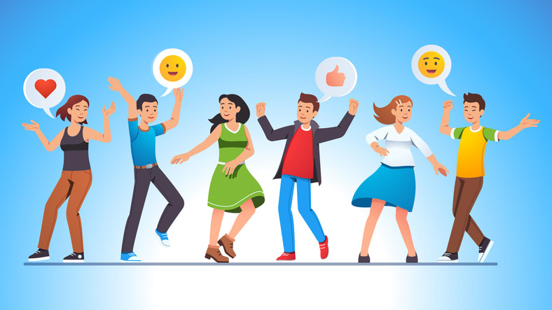 Young and beautiful people group man & woman dancing happy together with joy having fun at music dance party