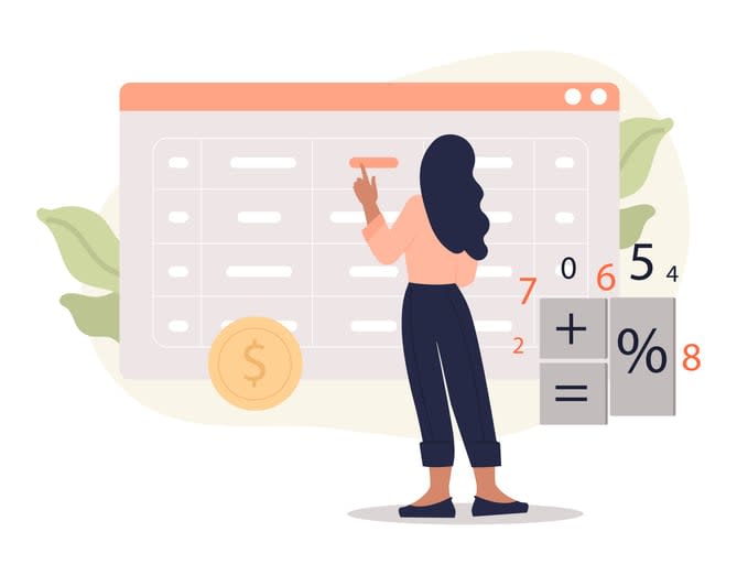 Young woman stands in front of document and calculates her profit or earnings