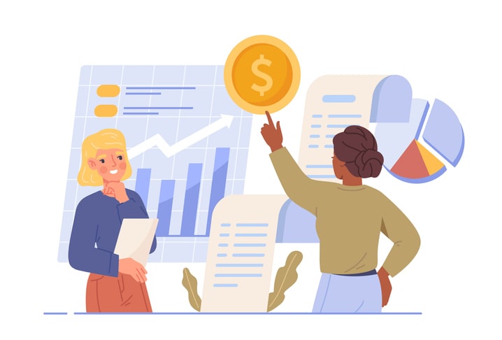 Young women financial consultants doing accounting and studying graphs and charts