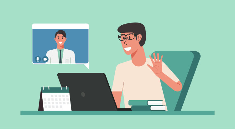 man using laptop connecting to doctor online from home